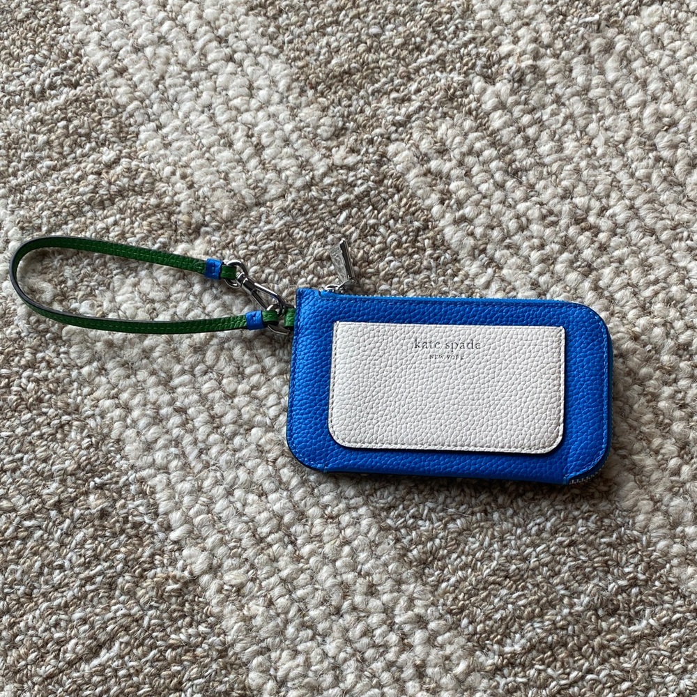 Kate Spade Blue and Cream Card Wallet with Green Strap